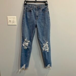 American Eagle Distressed Mom Jeans - High Rise Ripped Denim - Size 00 Regular